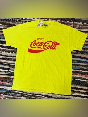 Mens Neon Yellow Coca Cola Tshirt Size L Short Sleeve Crew Neck Licensed